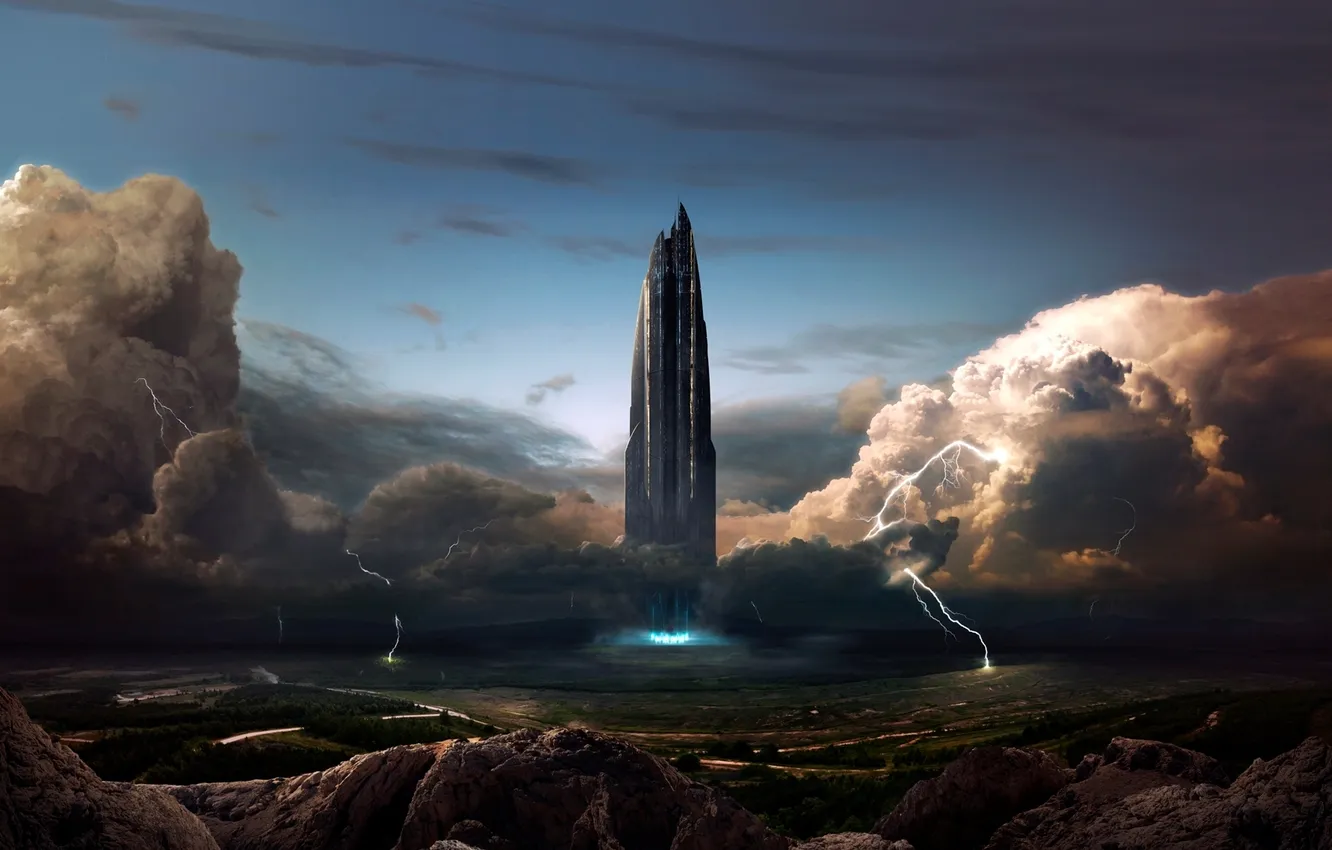 Photo wallpaper clouds, daylight, tower. stones