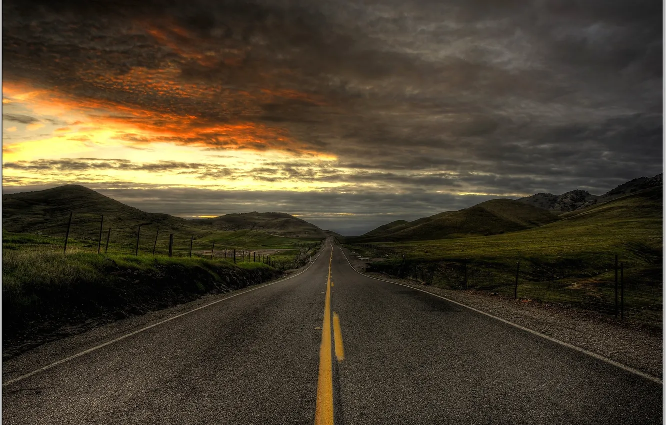 Photo wallpaper road, the sky, landscape, mountains, clouds, markup, Wallpaper, the fence