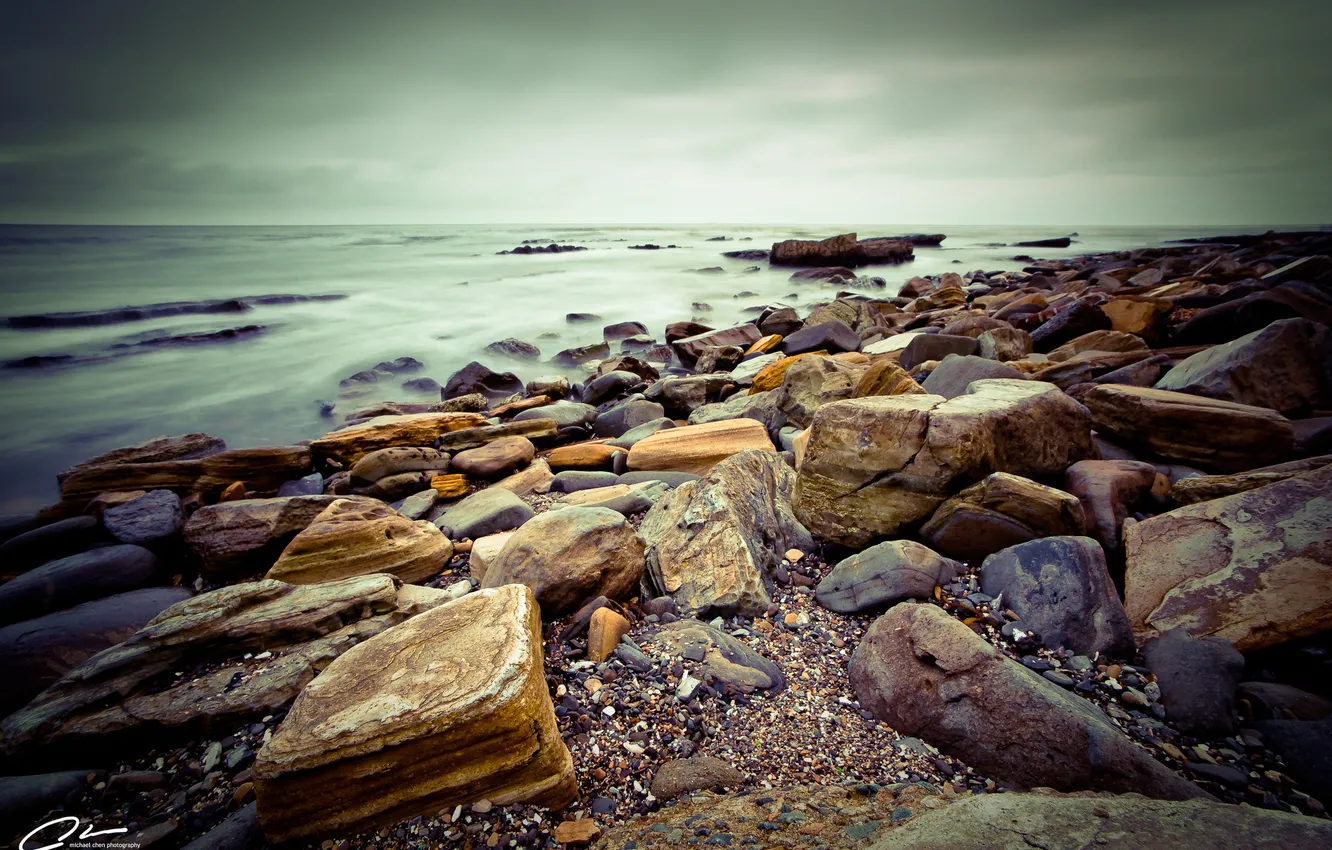 Photo wallpaper sea, the sky, water, stones, the ocean, shore, landscapes