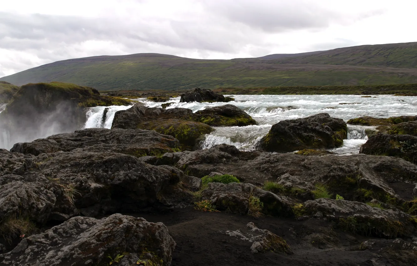 Photo wallpaper the sky, water, clouds, landscape, nature, river, stones, waterfall