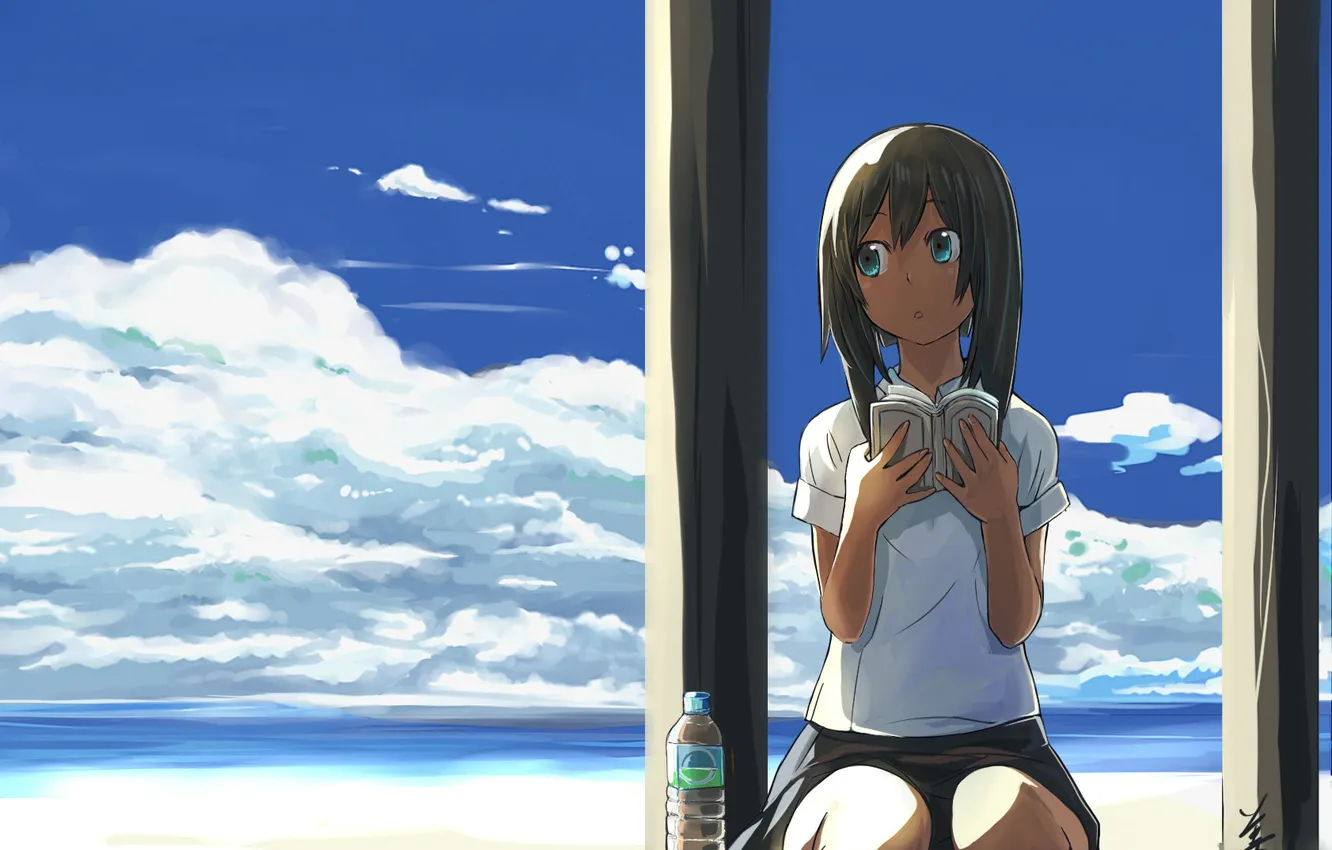 Photo wallpaper sea, beach, clouds, girl, book, reads, reading
