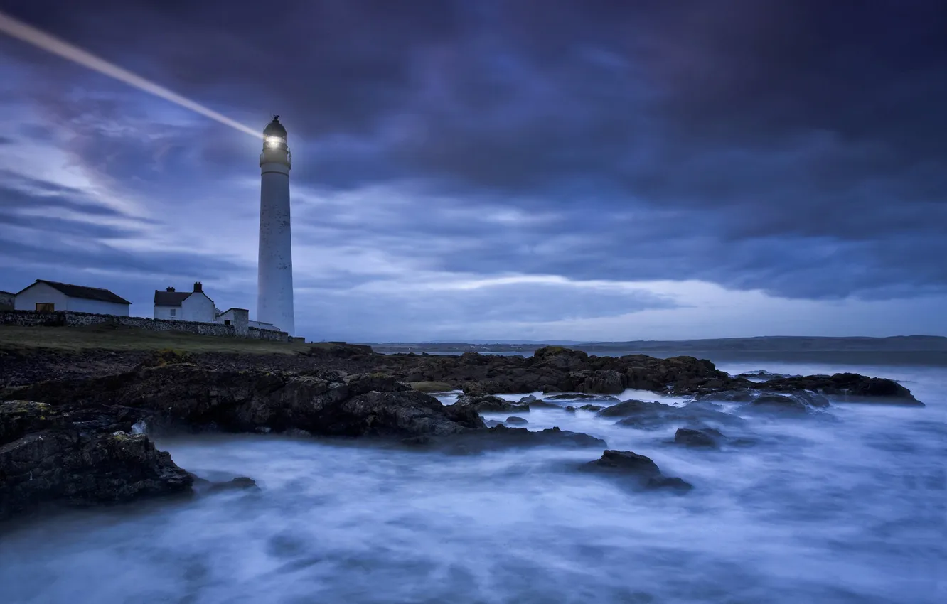 Photo wallpaper sea, shore, lighthouse, the evening, twilight, learn