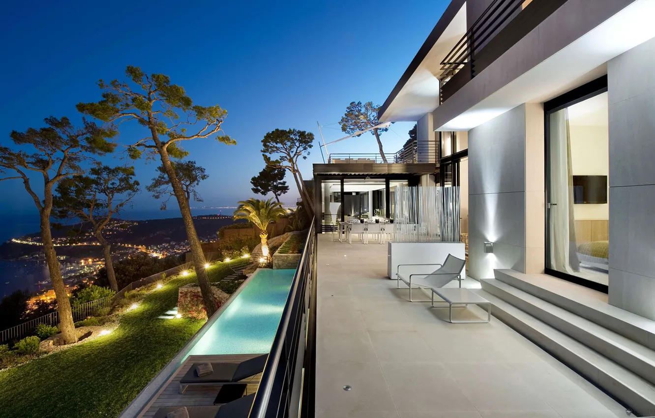 Photo wallpaper the city, lights, France, Villa, the evening, pool, lighting, France