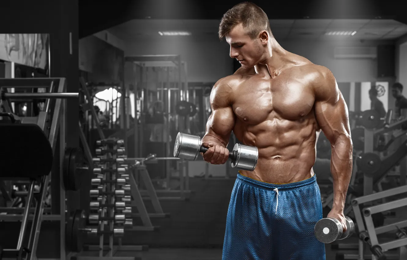 Photo wallpaper Shorts, Sport, Dumbbells, Male, Press, Beautiful, Bodybuilding, Athlete