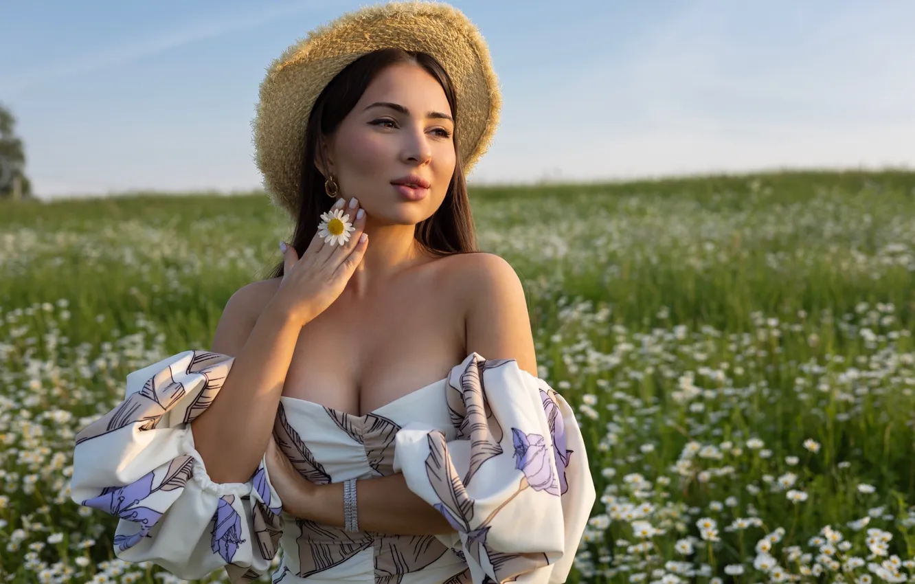 Photo wallpaper girl, nature, sky, dress, field, nature, flowers, clouds