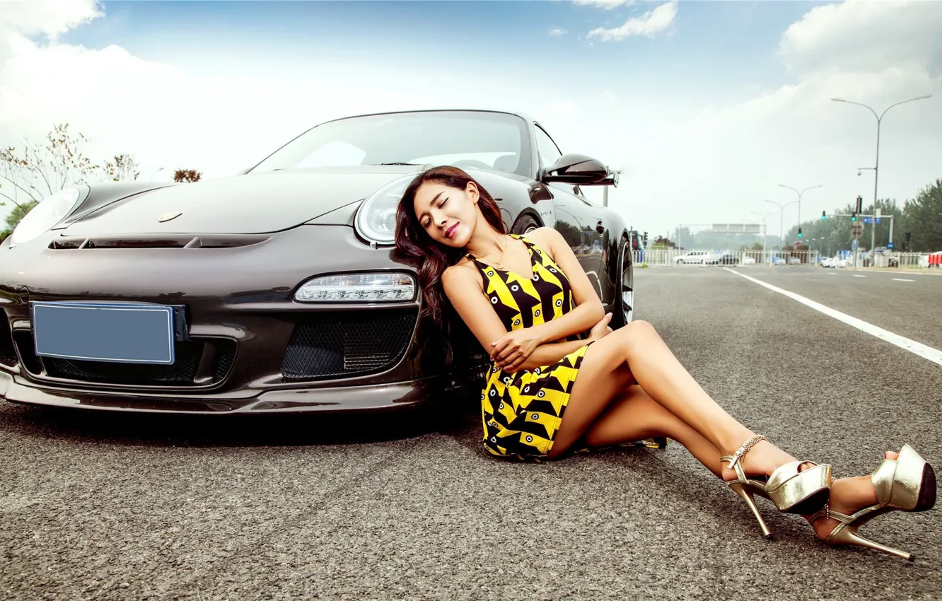 Photo wallpaper auto, Girls, Porsche, Asian, beautiful girl, posing on the car