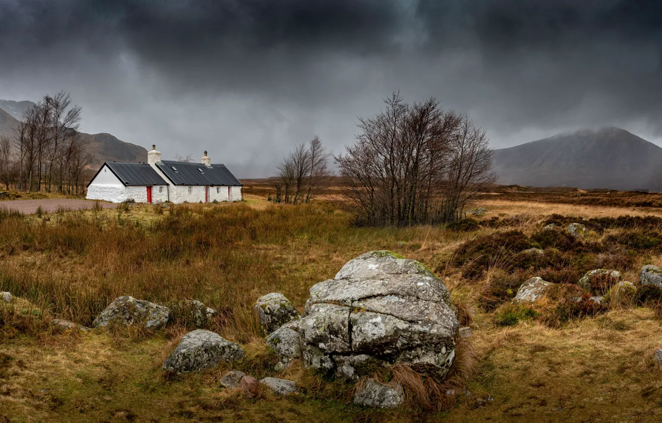 Photo wallpaper field, mountains, stones, home, panorama