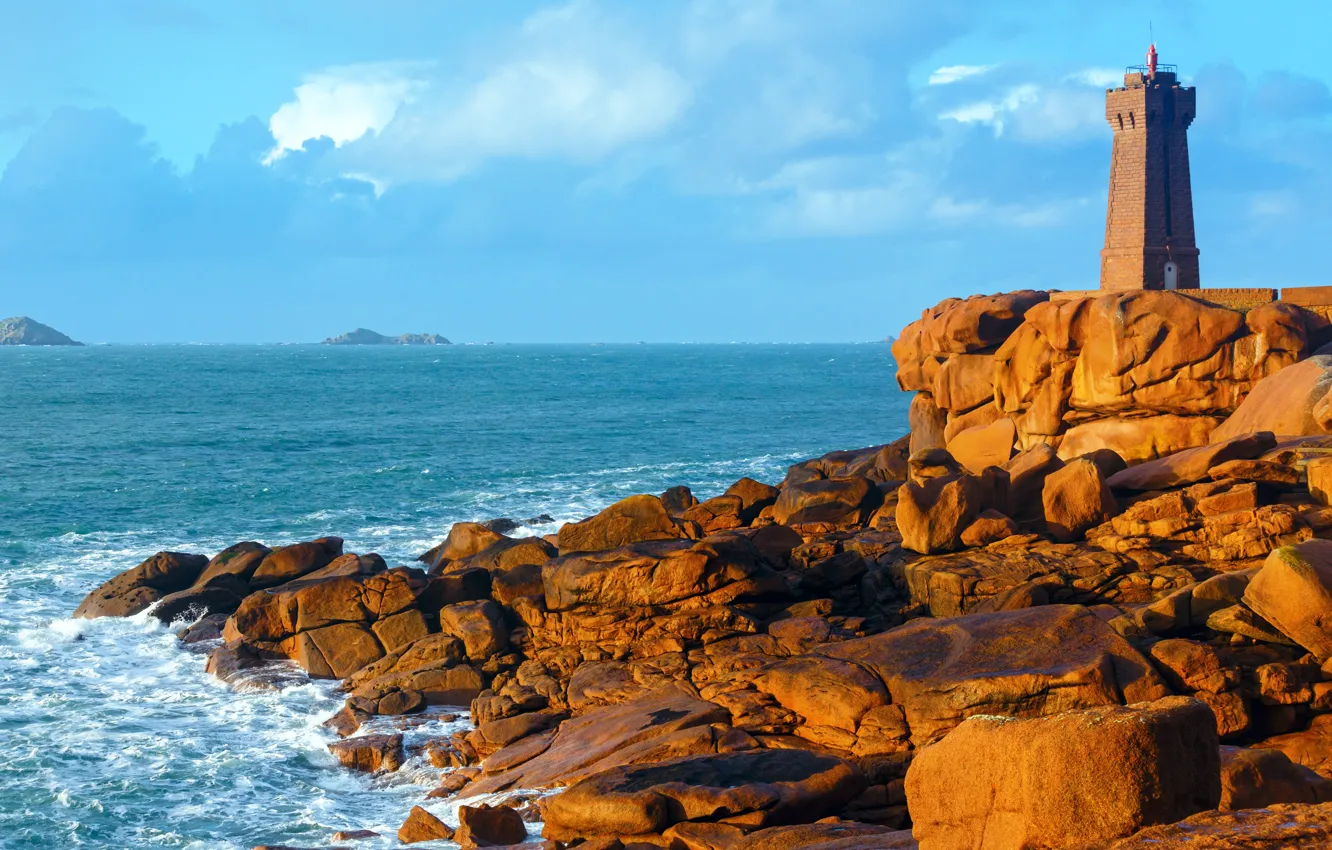 Photo wallpaper sea, the sky, clouds, stones, coast, France, lighthouse, horizon