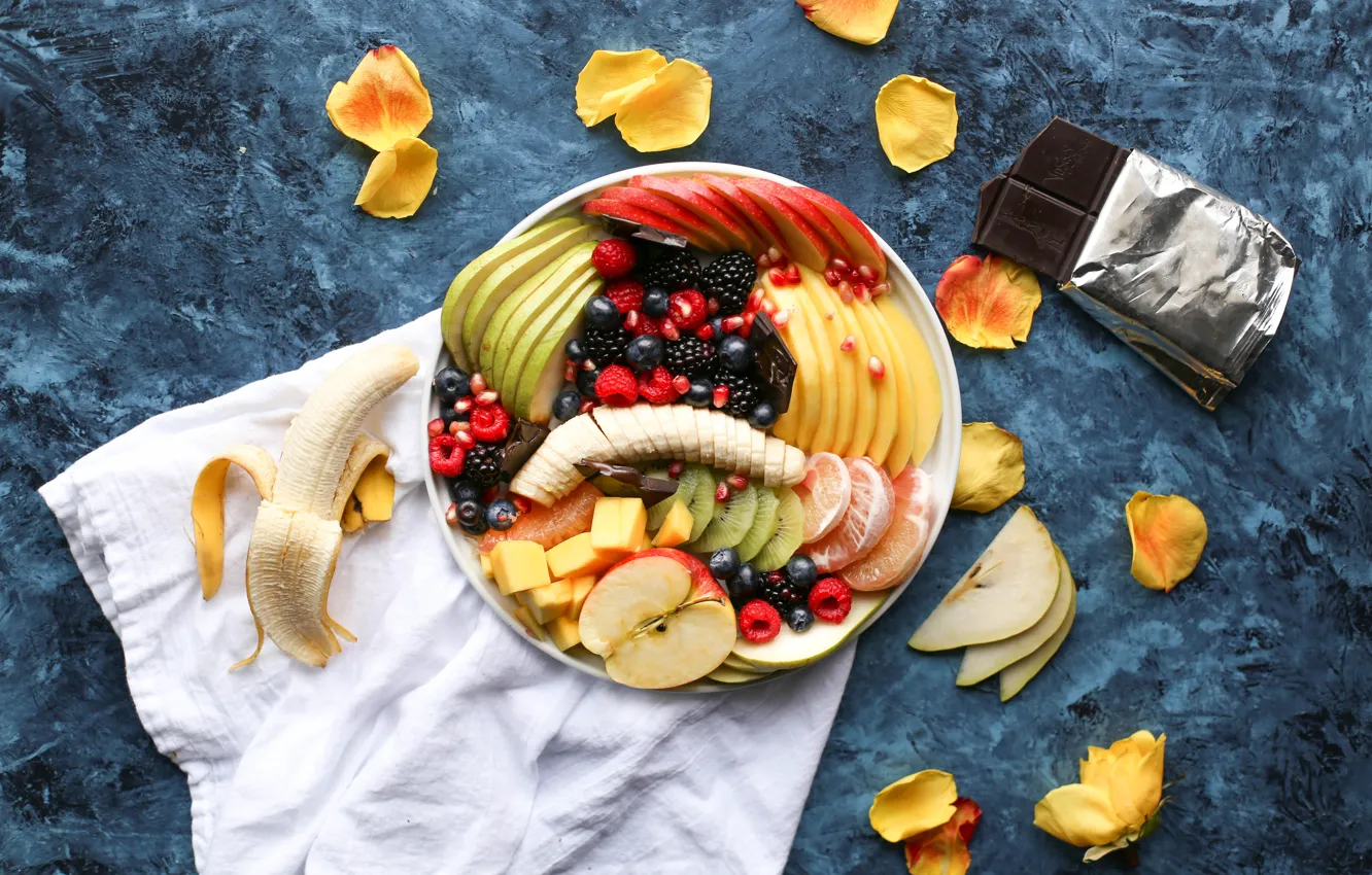 Photo wallpaper berries, chocolate, Breakfast, fruit, banana