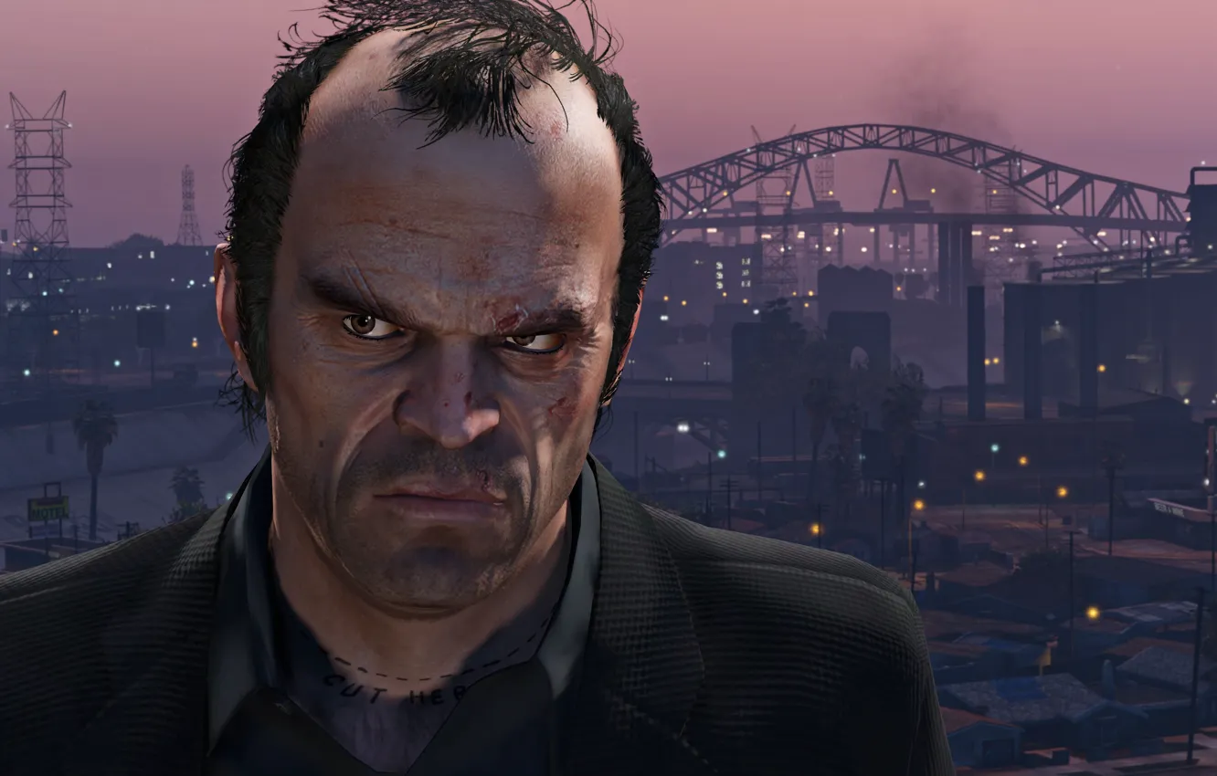 Photo wallpaper city, sunset, face, Grand Theft Auto V, GTA V, Philips, Trevor, The Saints