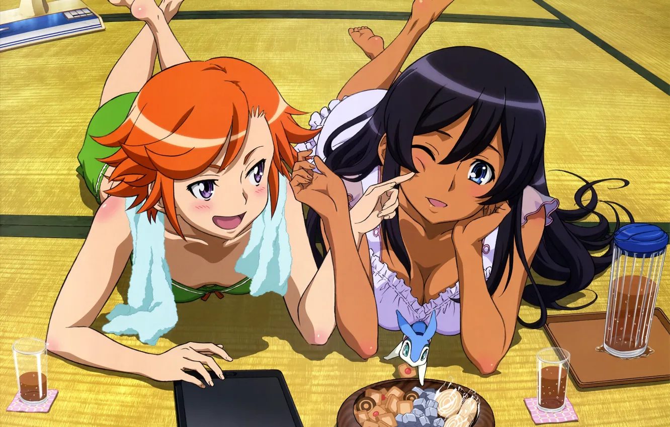 Photo wallpaper kawaii, red, girl, anime, food, animal, redhead, brunette