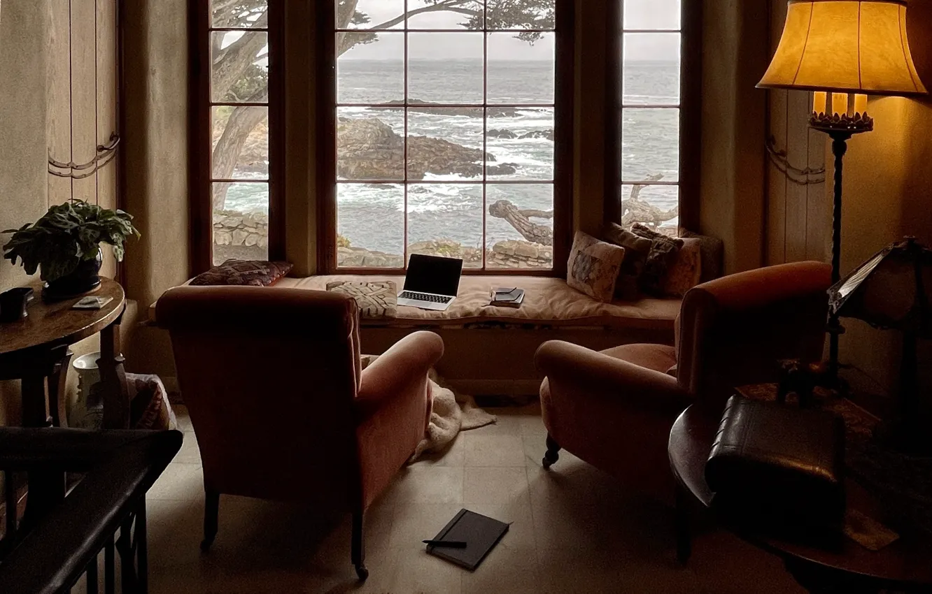 Photo wallpaper water, room, sofa, the ocean, plant, interior, chair, pillow