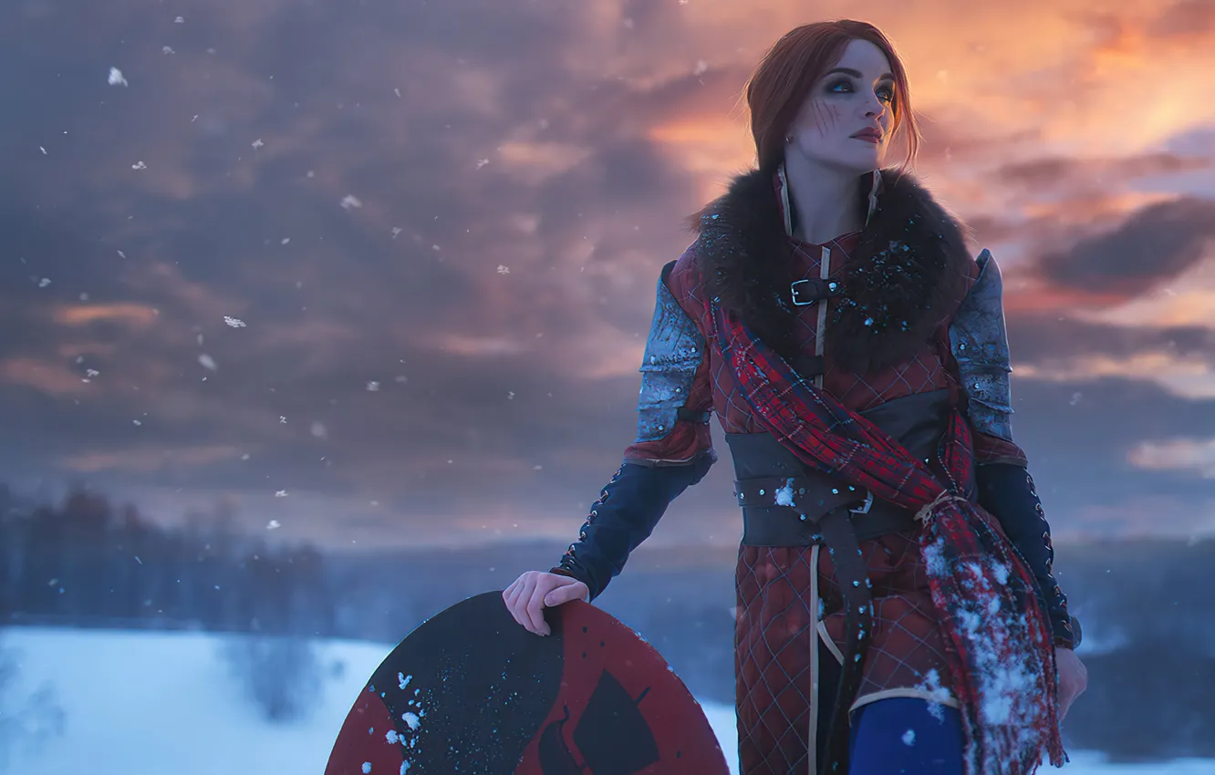 Photo wallpaper the sky, snow, model, beauty, The Wild Hunt, cosplay, The Witcher 3, the red-haired girl