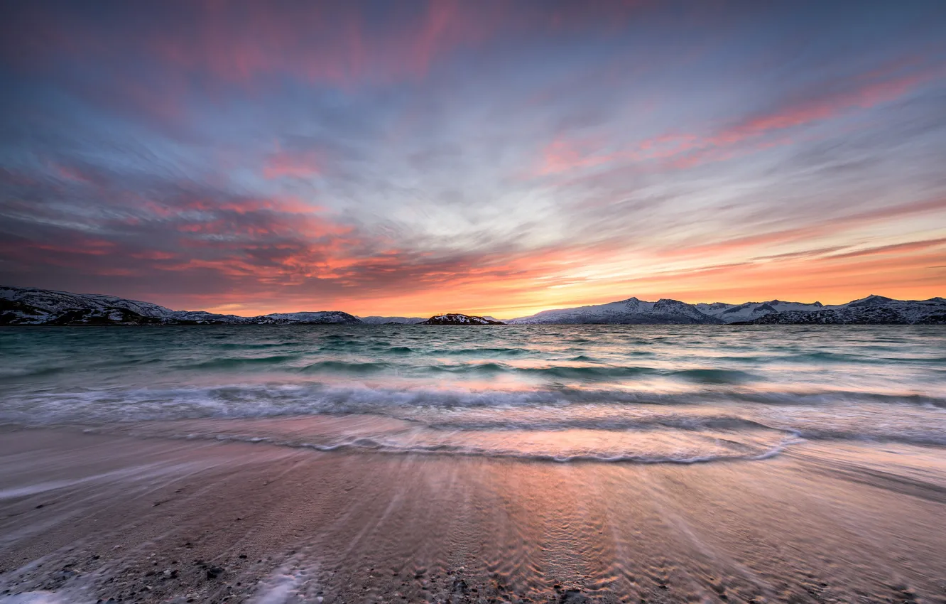 Photo wallpaper sea, wave, sunset, nature, shore