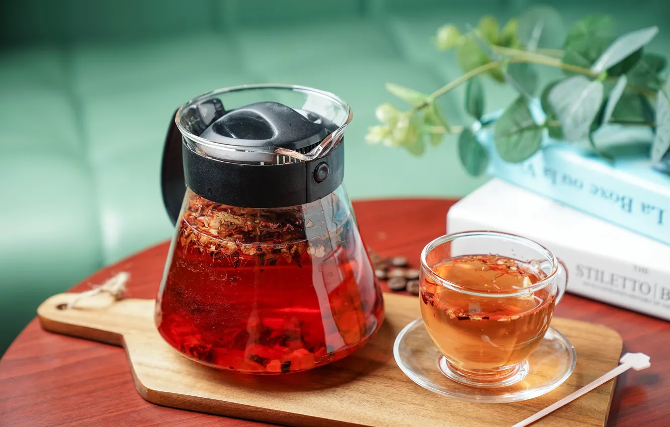 Photo wallpaper tea, Cup, drink, teapot, cutting Board