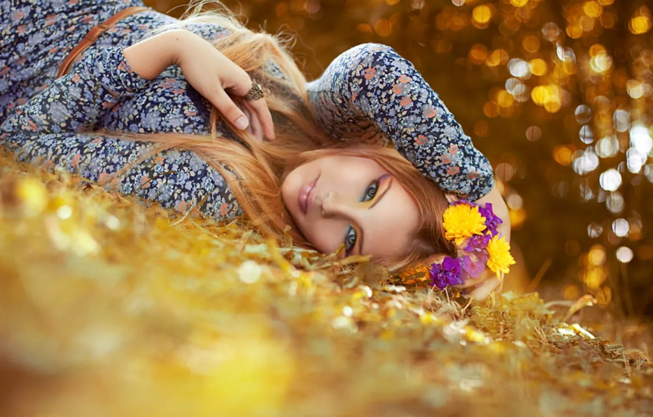 Photo wallpaper look, girl, flowers, face, background, mood, Wallpaper, flowers