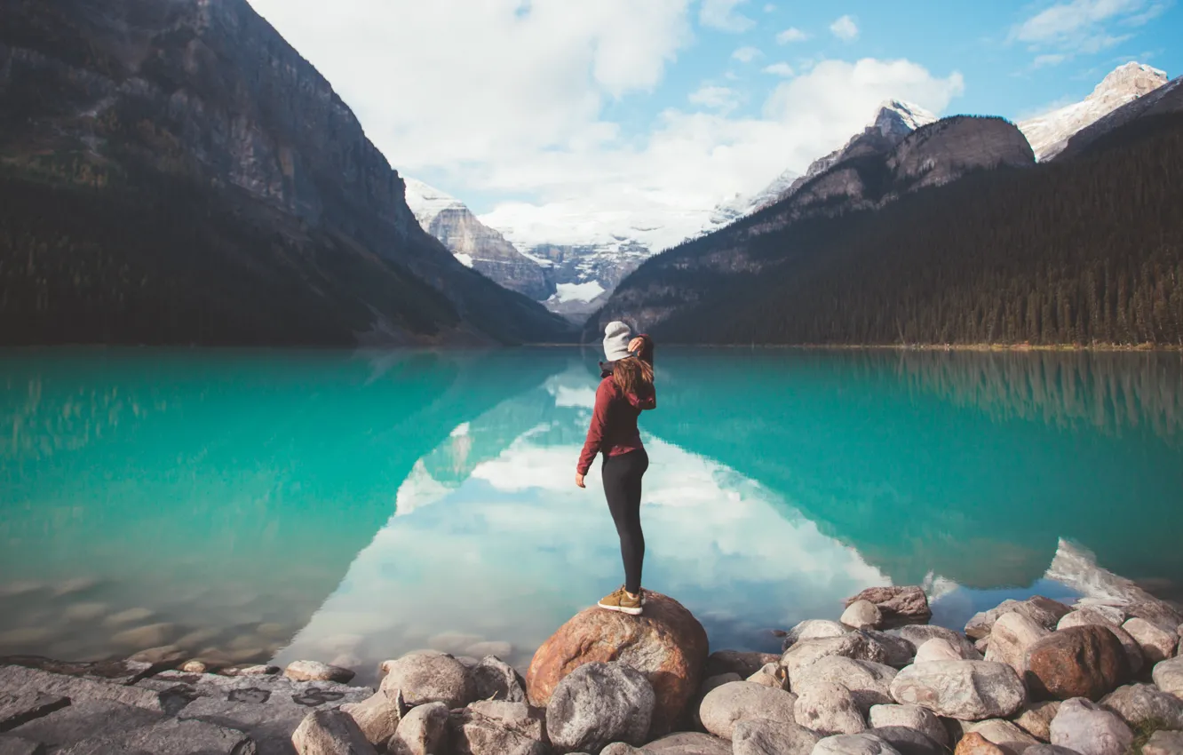 Photo wallpaper girl, landscape, nature, mountain, lake