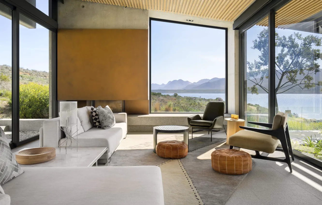 Photo wallpaper interior, living room, large Windows, glass windows, NONAGON style, Benguela Cove, by ARRCC interior design, …