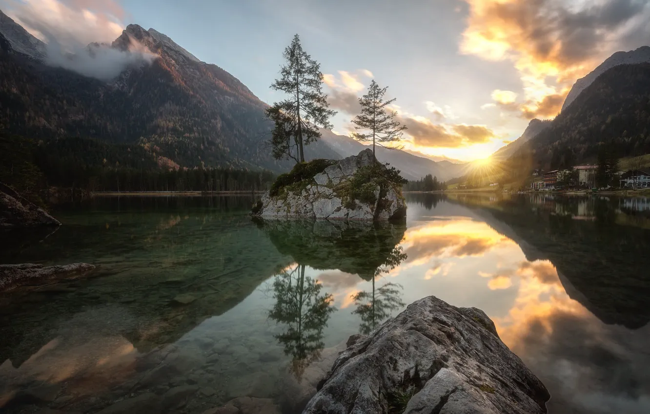 Photo wallpaper water, the sun, clouds, trees, landscape, mountains, nature, lake