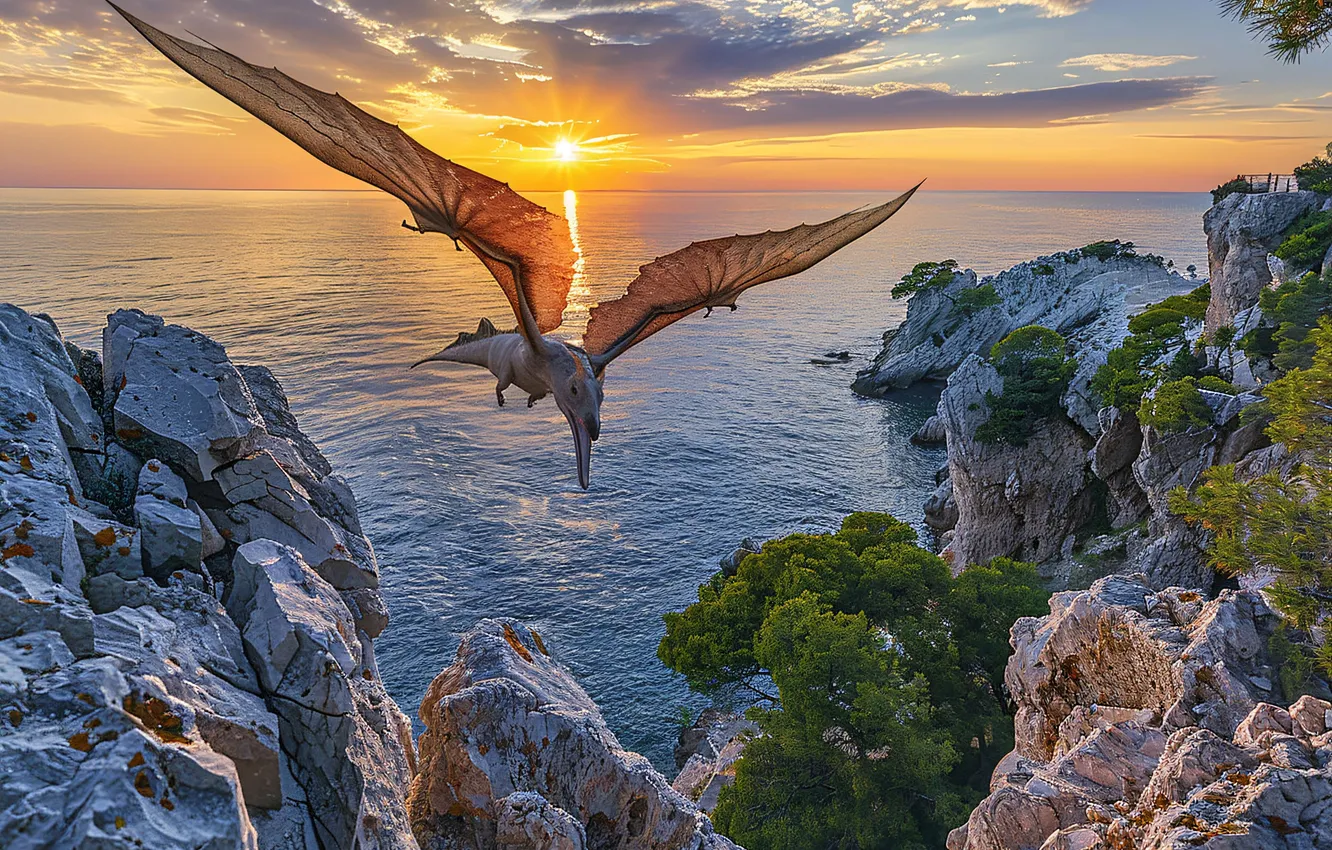 Photo wallpaper sea, flight, stones, animal, dawn, wings, dinosaur, pterodactyl