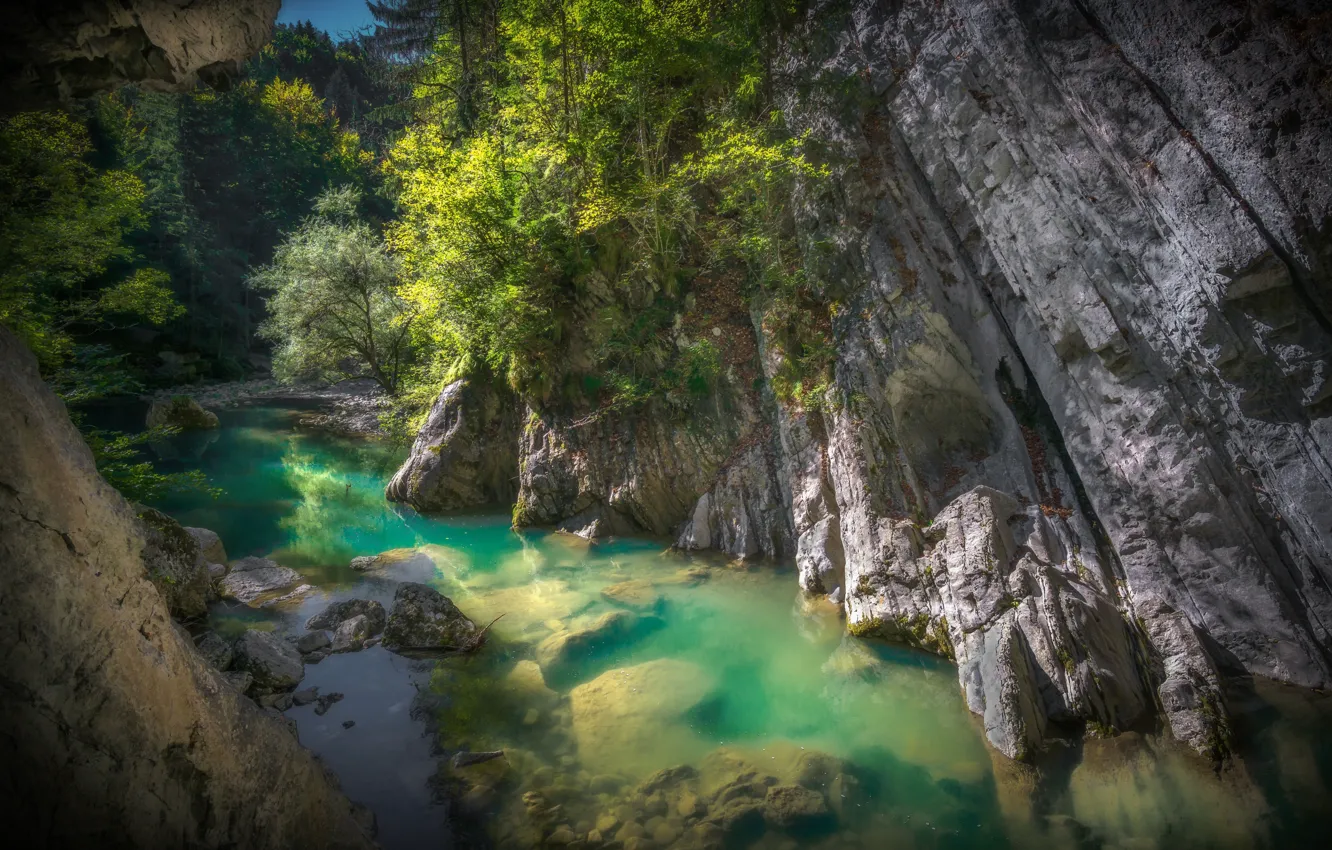 Photo wallpaper water, trees, landscape, nature, rocks, Switzerland, gorge, Gorges De La Jogne