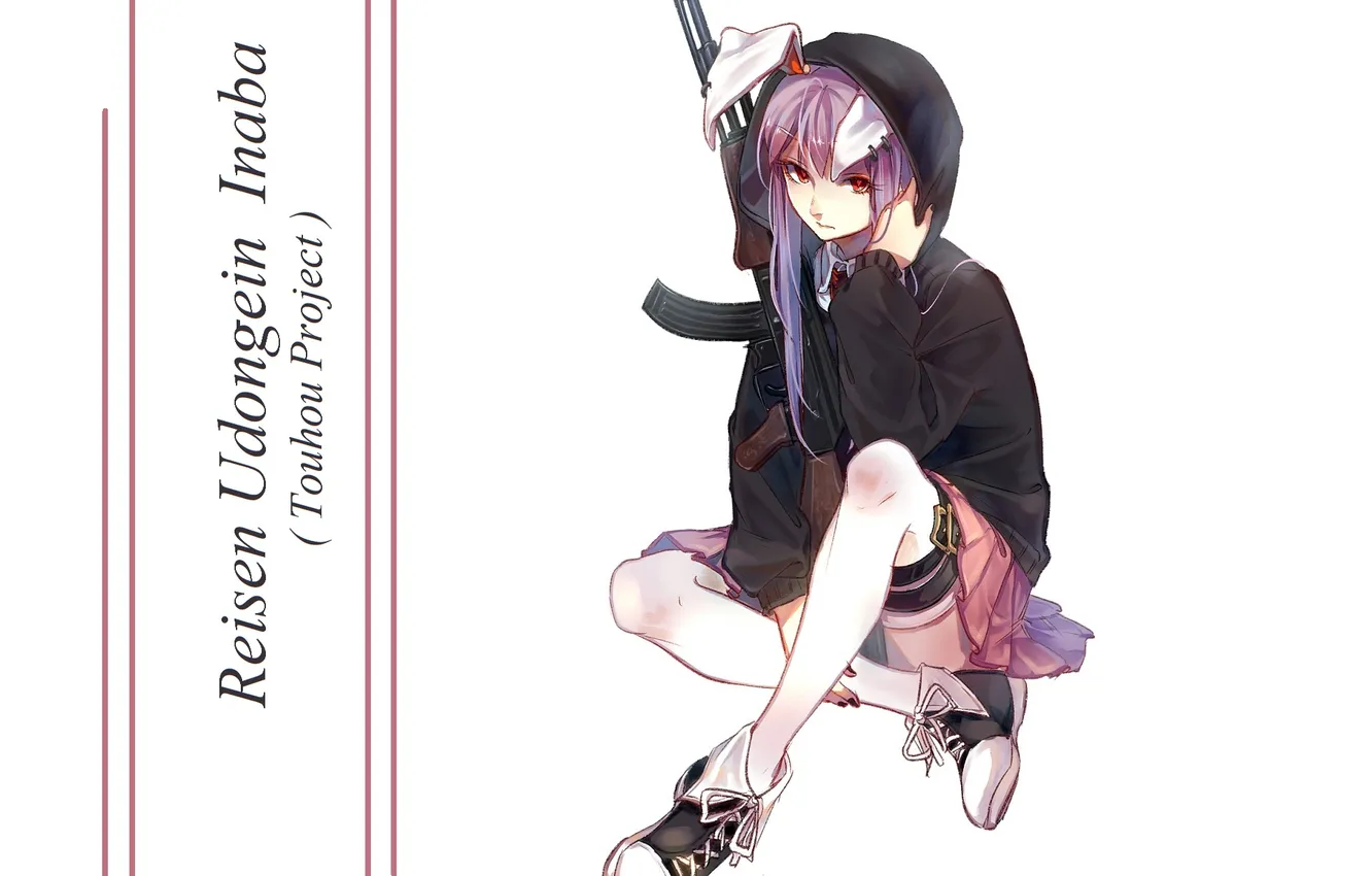 Photo wallpaper white background, purple hair, Kalashnikov, white stockings, moon Bunny, Project East, black jacket, Traveling And …
