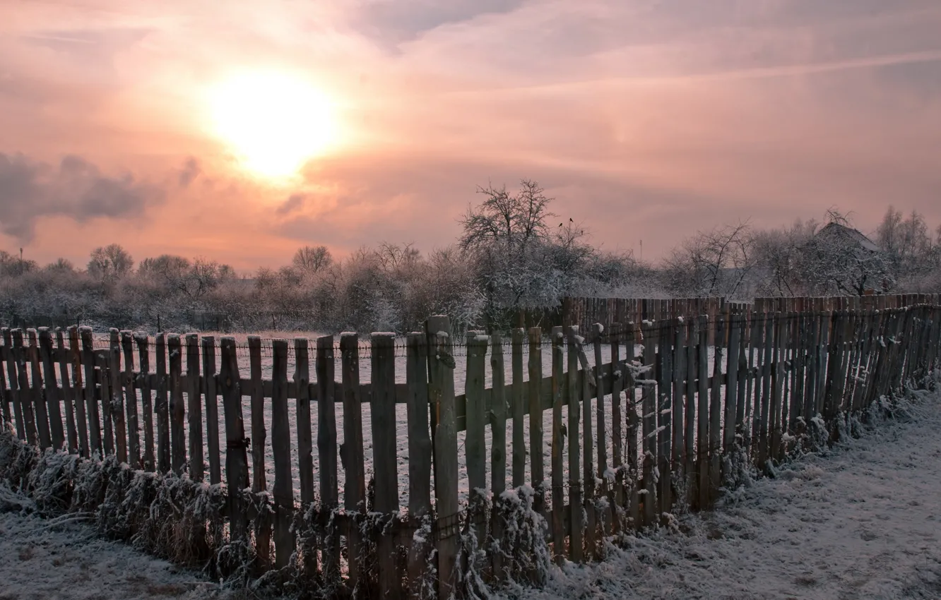 Photo wallpaper winter, sunset, the fence, village