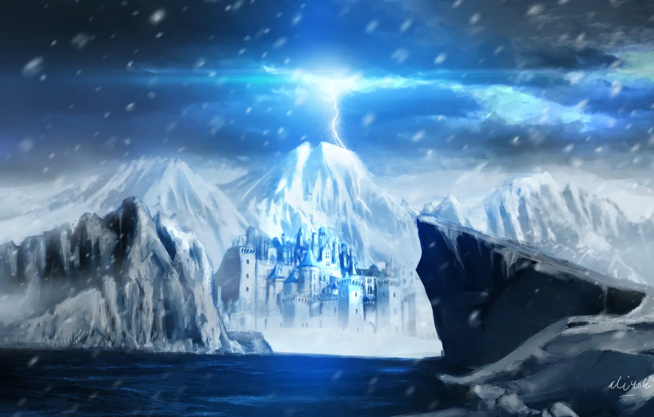 Photo wallpaper snow, mountains, lake, castle, lightning, art