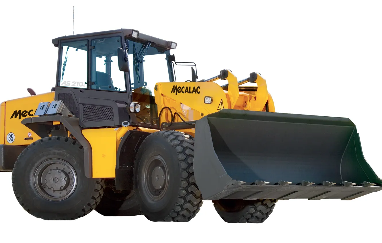 Photo wallpaper yellow, white background, bucket, loader, AS 210e, Mecalac