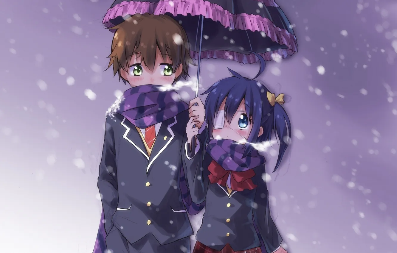 Photo wallpaper girl, snow, umbrella, anime, scarf, art, headband, form