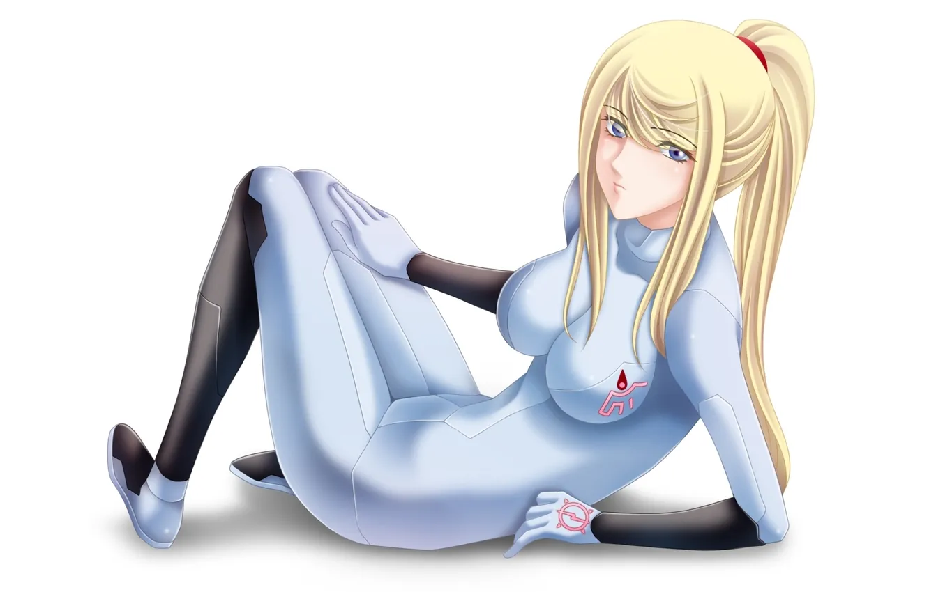 Photo wallpaper look, girl, pose, costume, art, simple background, Samus Aran, Metroid