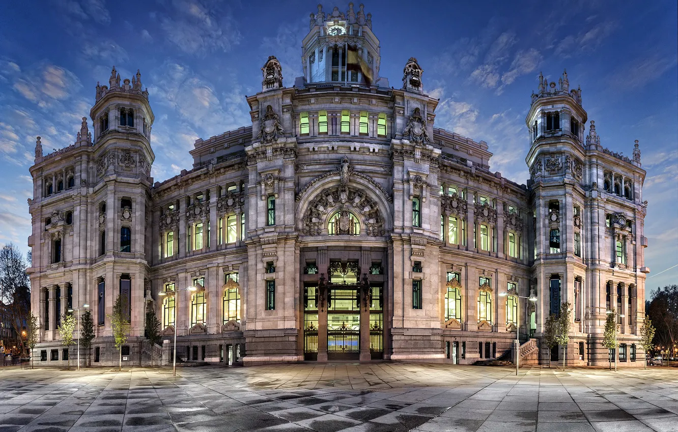 Photo wallpaper night, area, lights, Spain, Palace, Madrid