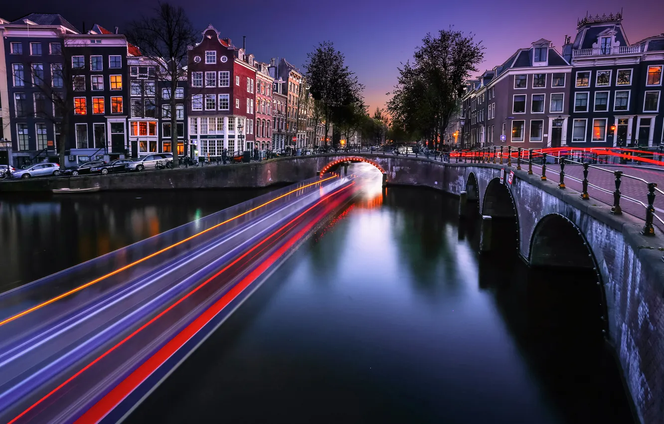 Photo wallpaper bridge, lights, home, the evening, excerpt, Amsterdam, channel, Netherlands