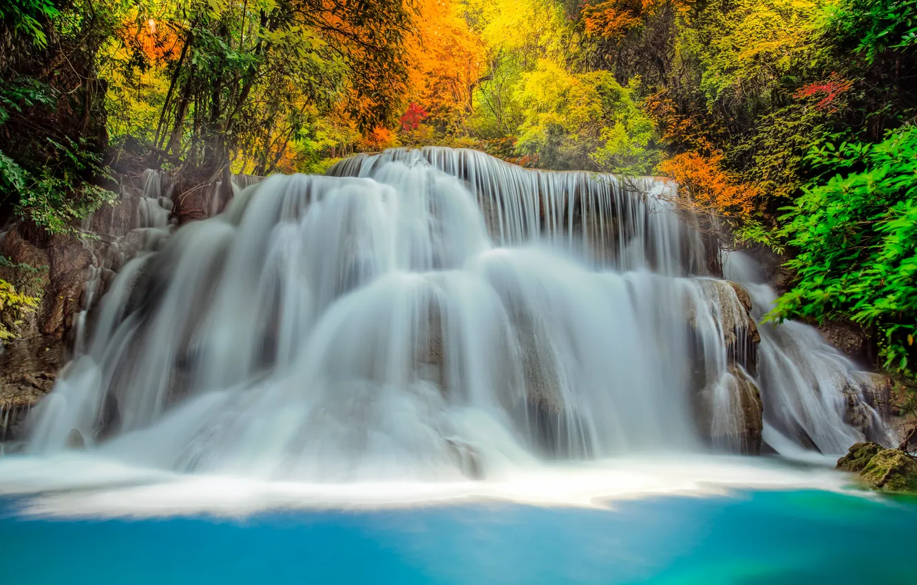 Photo wallpaper autumn, forest, trees, river, stones, color, waterfall, treatment