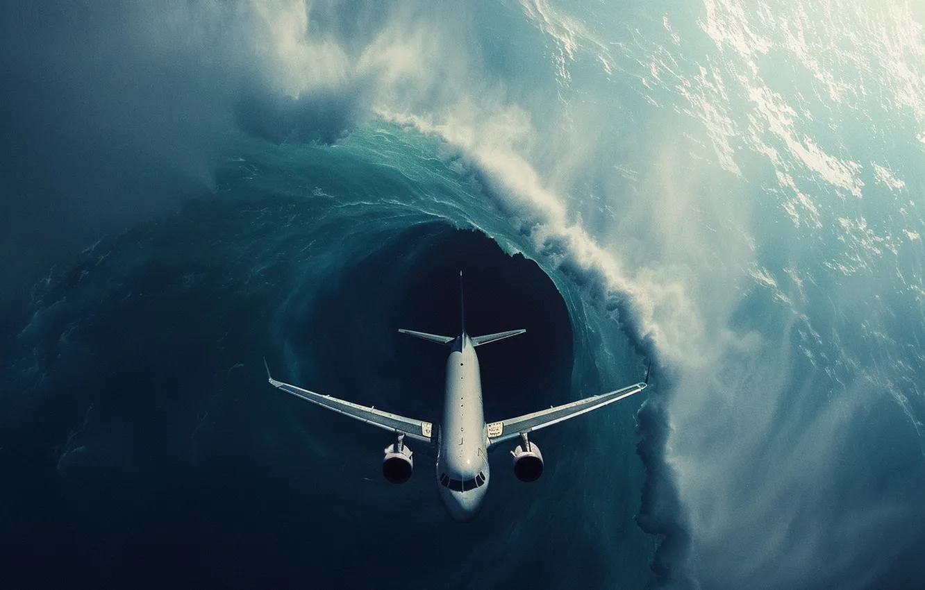 Photo wallpaper wave, clouds, hurricane, the plane, funnel, AI art, The Art of Artificial Intelligence, The Bermuda …