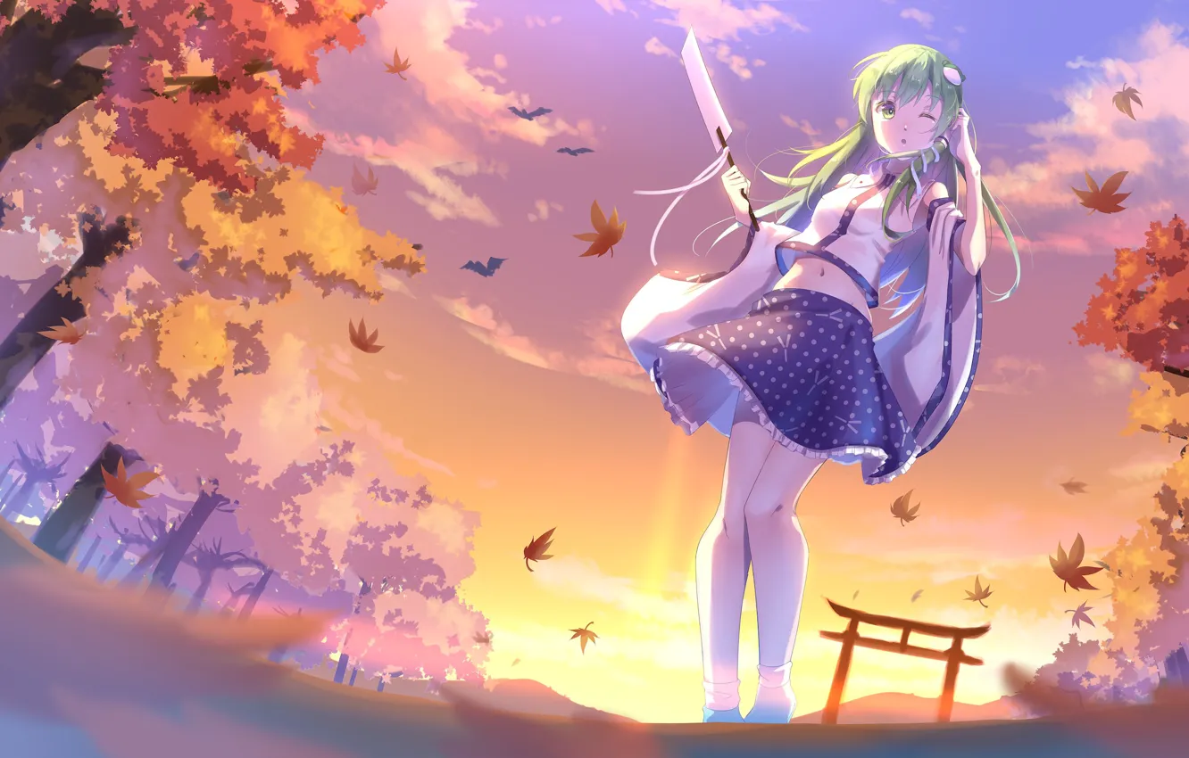 Photo wallpaper the wind, one, green hair, wink, Kochi Have Done The Art, pink clouds, on the …