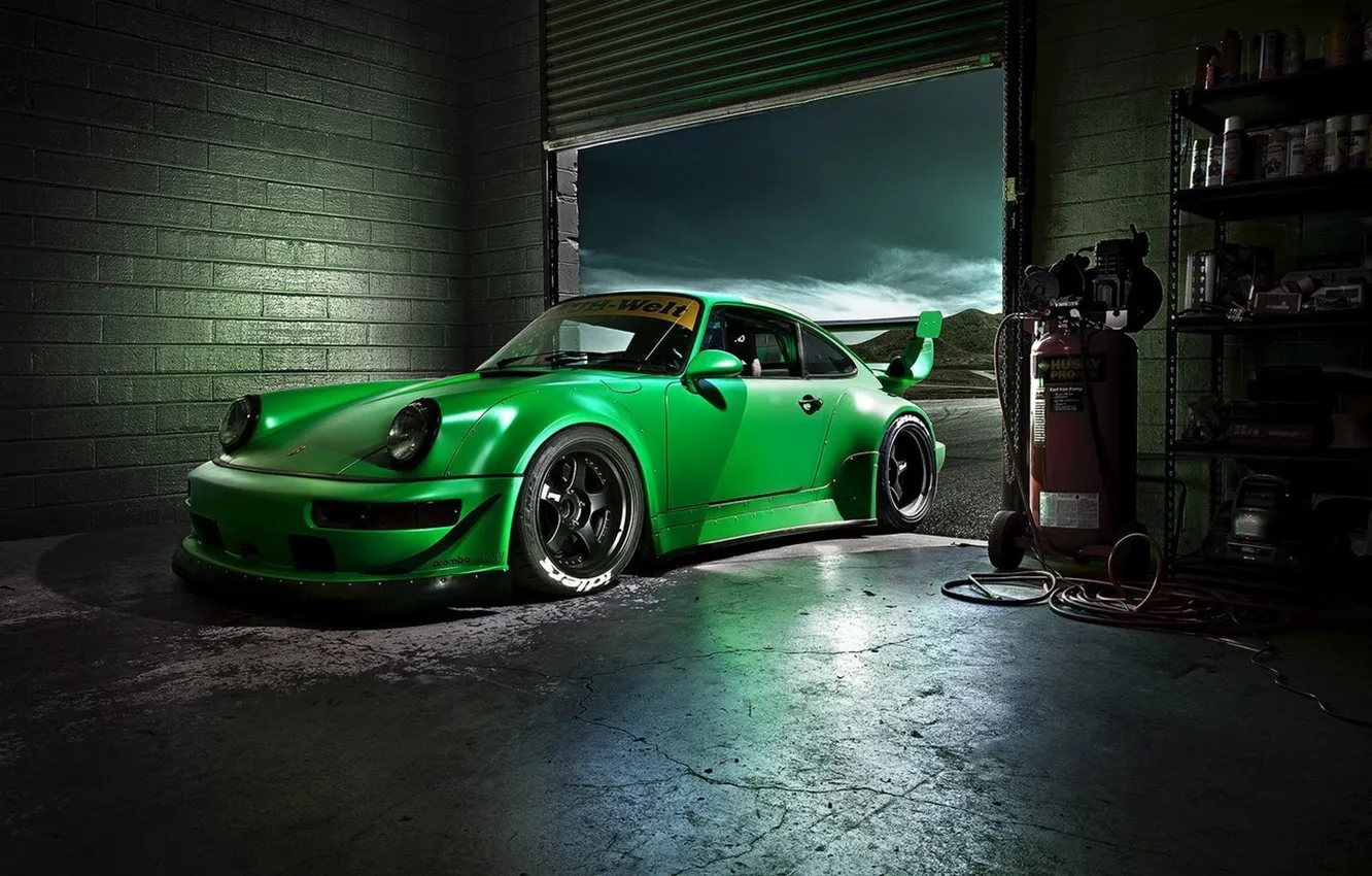 Photo wallpaper Green, Machine, Desktop, Garage, Car, Porsche, Car, Beautiful