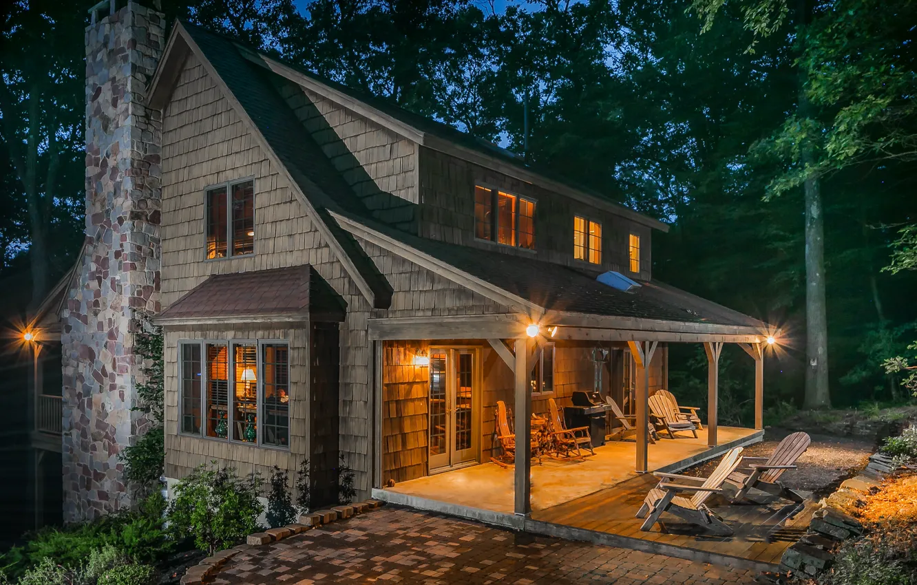 Photo wallpaper trees, night, lights, home, chair, yard, lights
