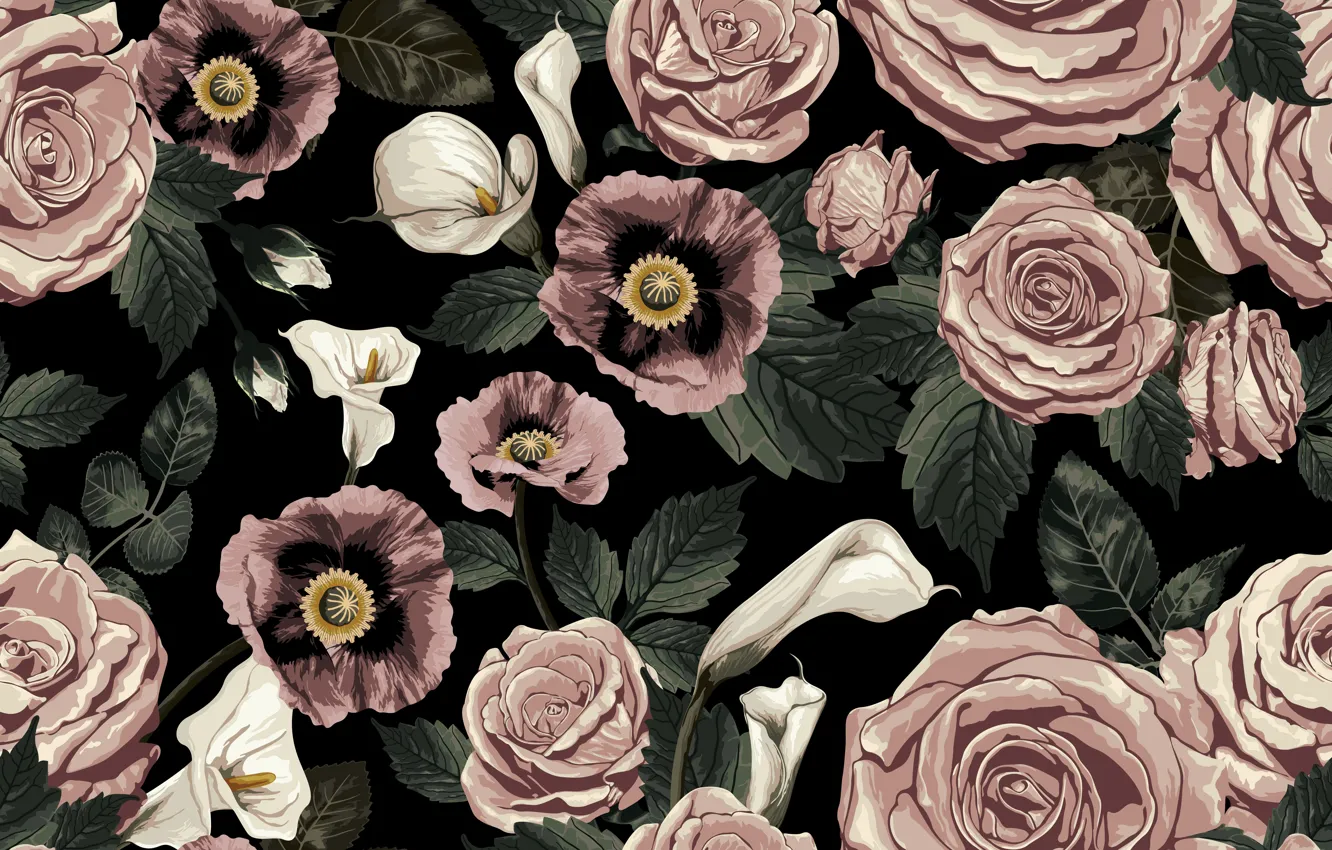 Wallpaper flowers, background, Lily, roses, pink, white, seamless for