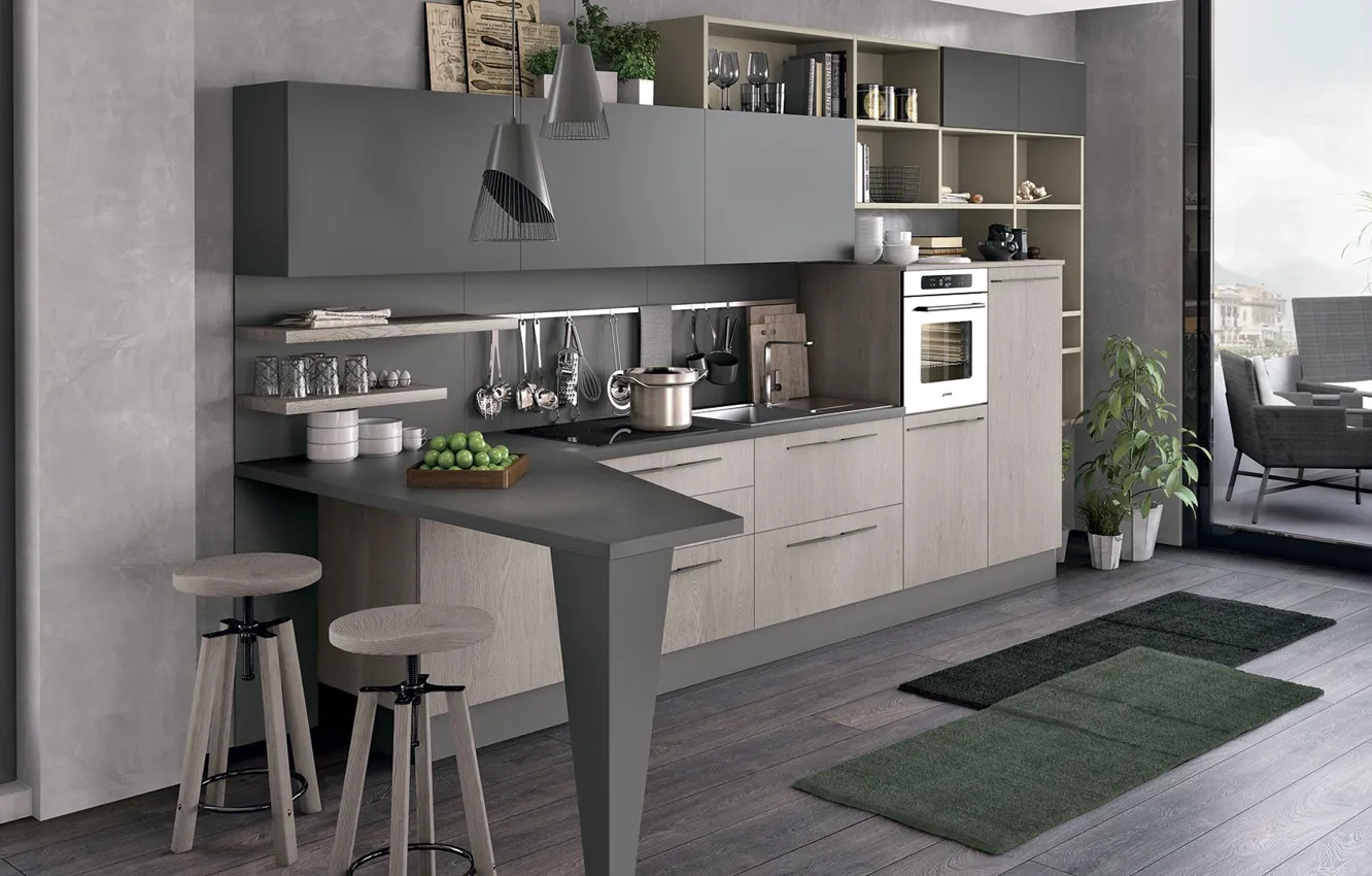 Photo wallpaper style, Villa, interior, Italy, dining room, Italian design, kitchen with access to the terrace
