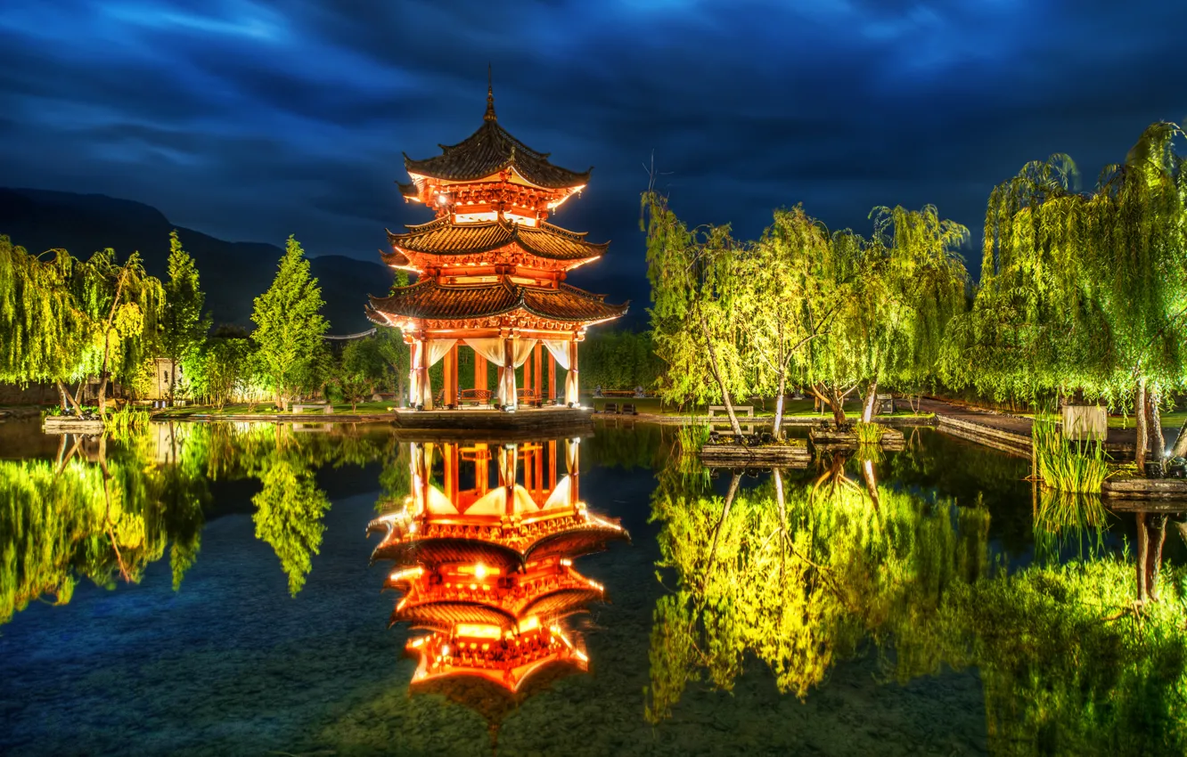 Photo wallpaper trees, pond, Park, reflection, China, China, pagoda, Lijiang