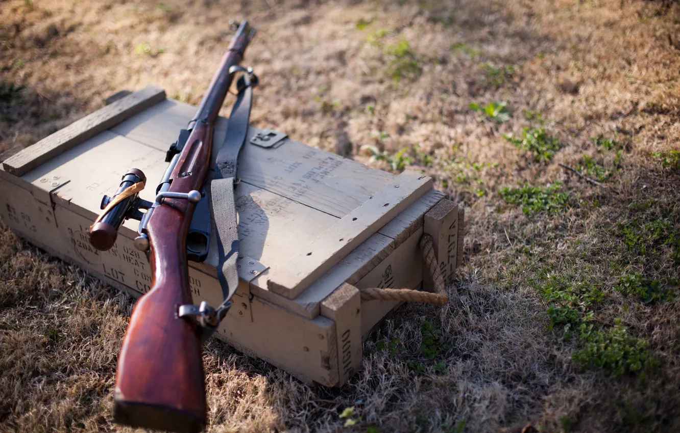 Photo wallpaper grass, box, rifle, sniper, Mosin, M91/30
