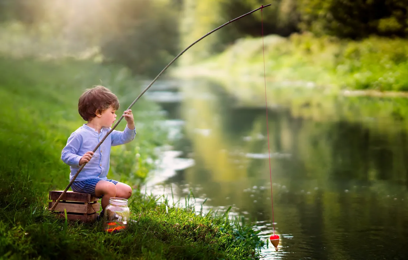 Photo wallpaper river, fishing, boy