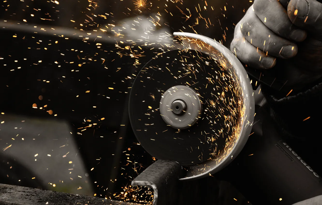 Photo wallpaper metal, speed, sparks, Bulgarian, cutting, momentum, Man at work, the cutoff wheel