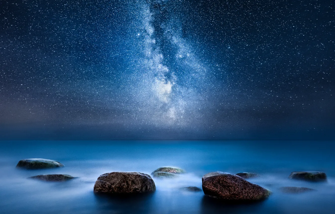 Photo wallpaper sea, night, stones, stars, the milky Way