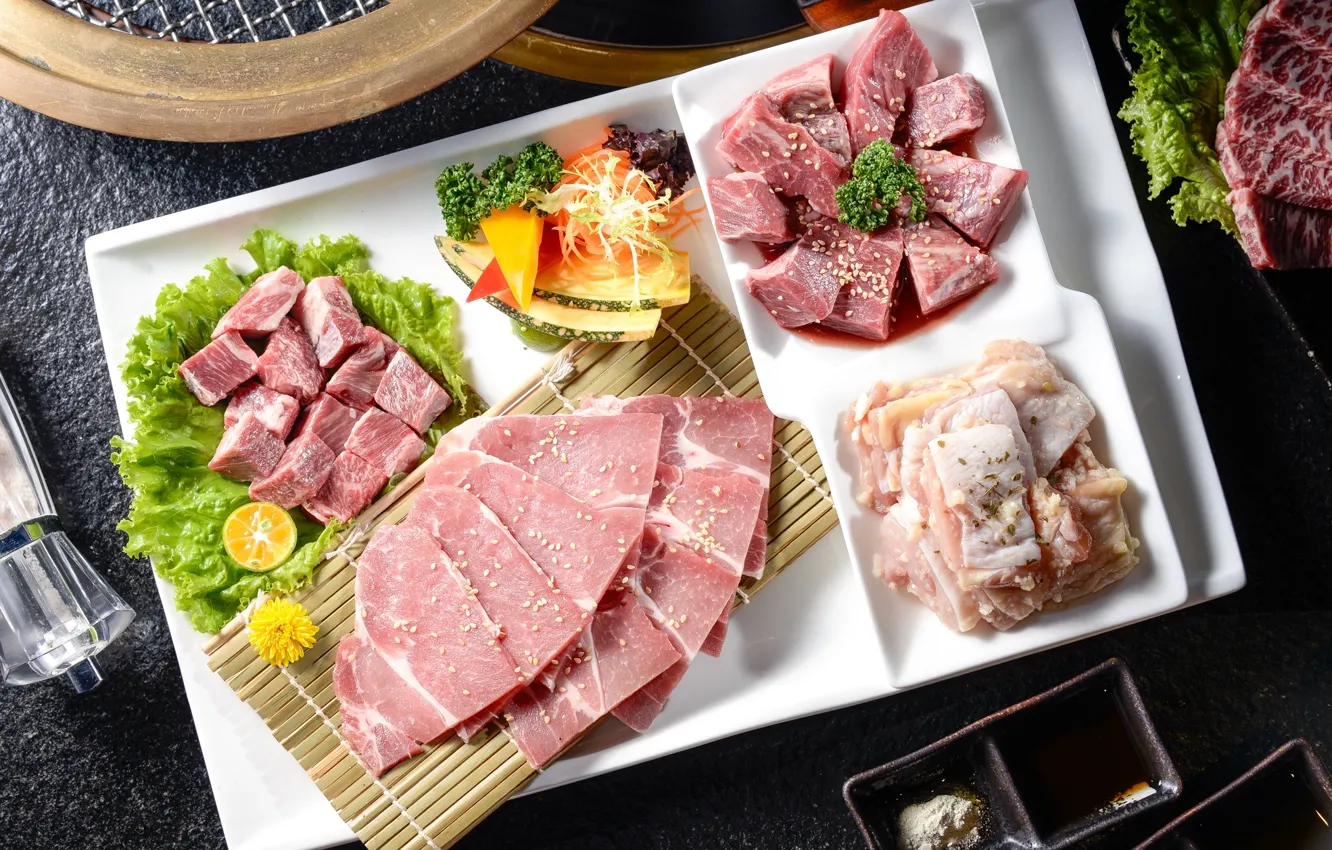 Photo wallpaper meat, vegetables, cutting, sesame