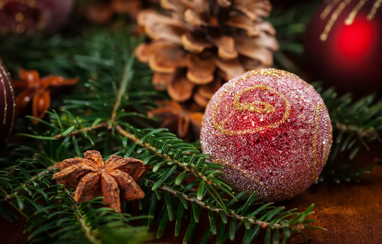 Photo wallpaper holiday, toy, new year, ball, spruce, cinnamon