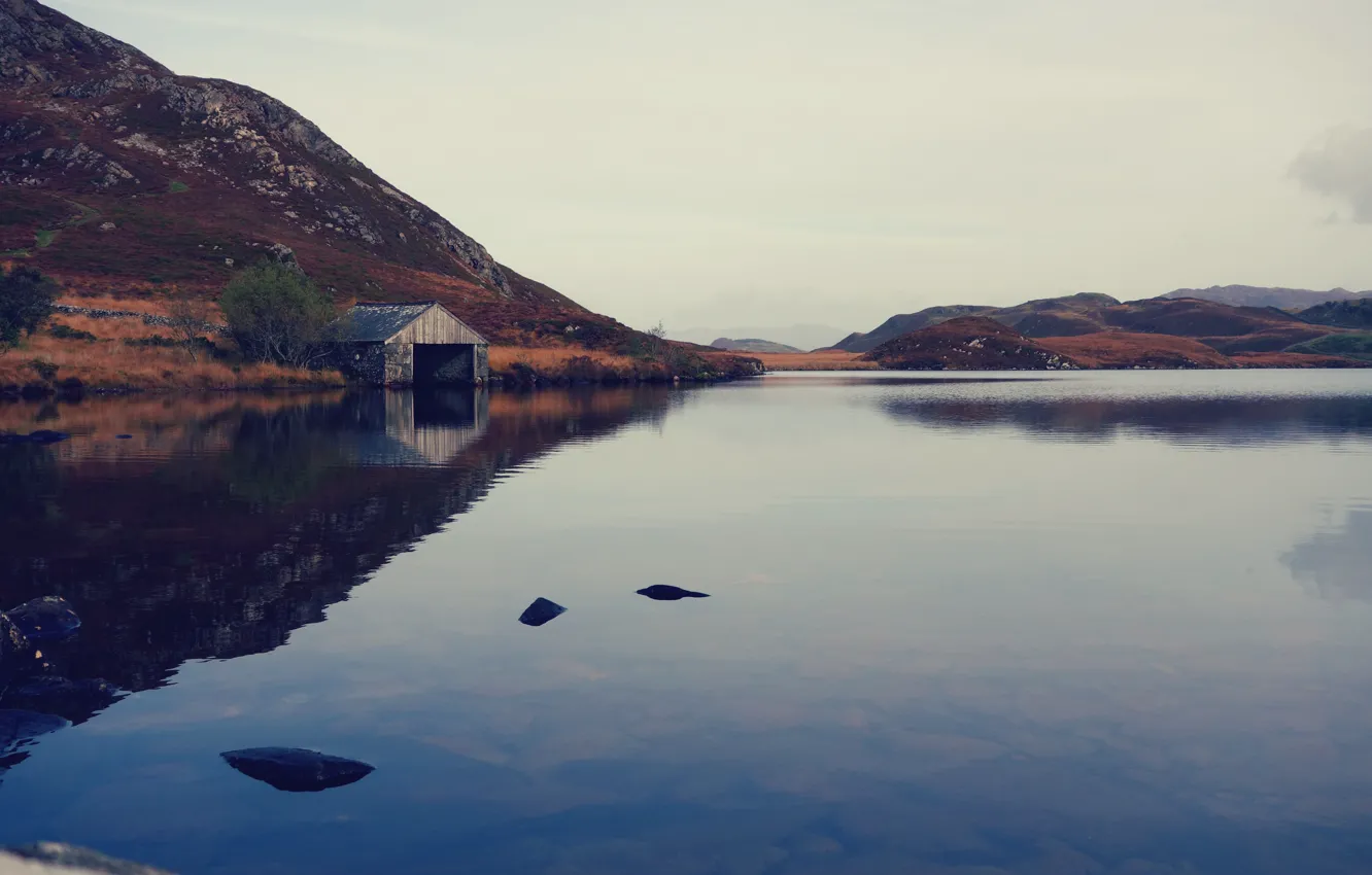 Photo wallpaper clouds, mountains, clouds, lake, forgotten, reflection, hills, Marina