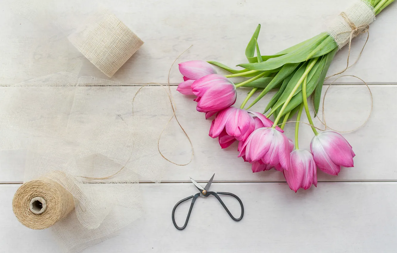 Photo wallpaper flowers, tulips, thread, scissors