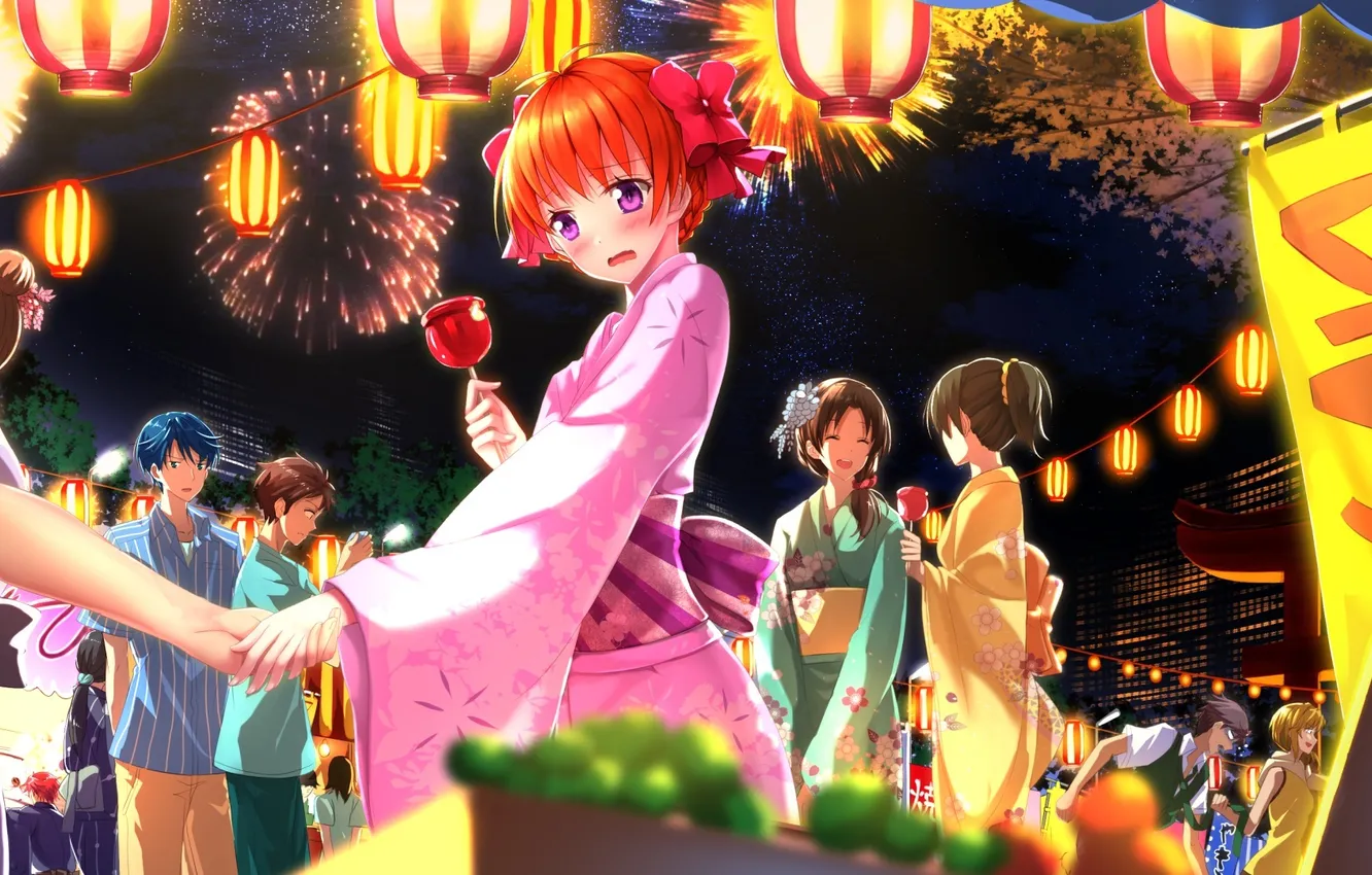 Photo wallpaper girl, joy, night, the city, holiday, anger, guy, yukata
